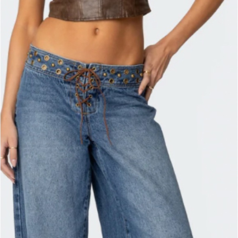 Edikted Blue Lace-Up Flare Jeans